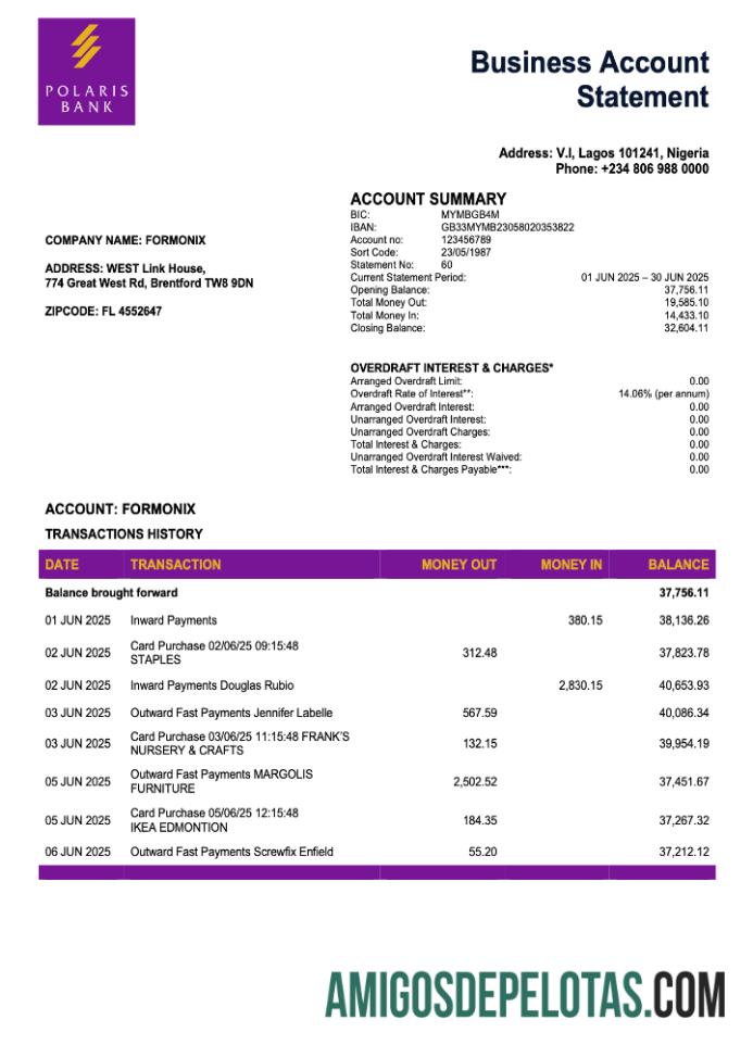 Realista Nigeria Polaris Enterprise modelo de extrato de conta Word e PDF